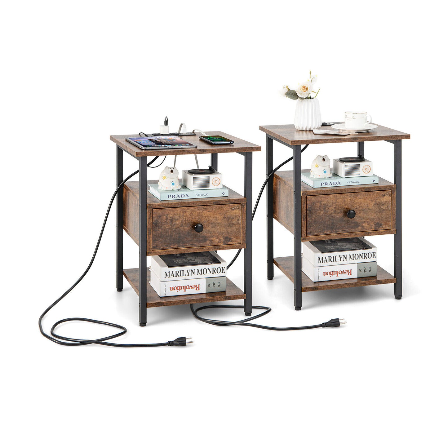 Set of 2 Modern 3-Tier Nightstands with Drawer and Built-in Charging Station