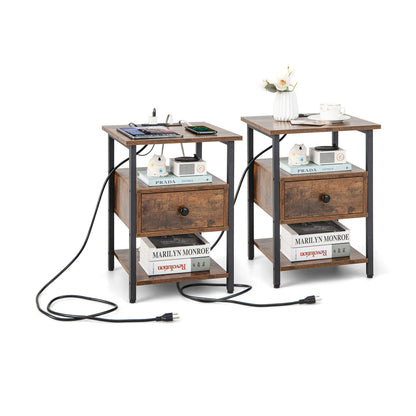 Set of 2 Modern 3-Tier Nightstands with Drawer and Built-in Charging Station