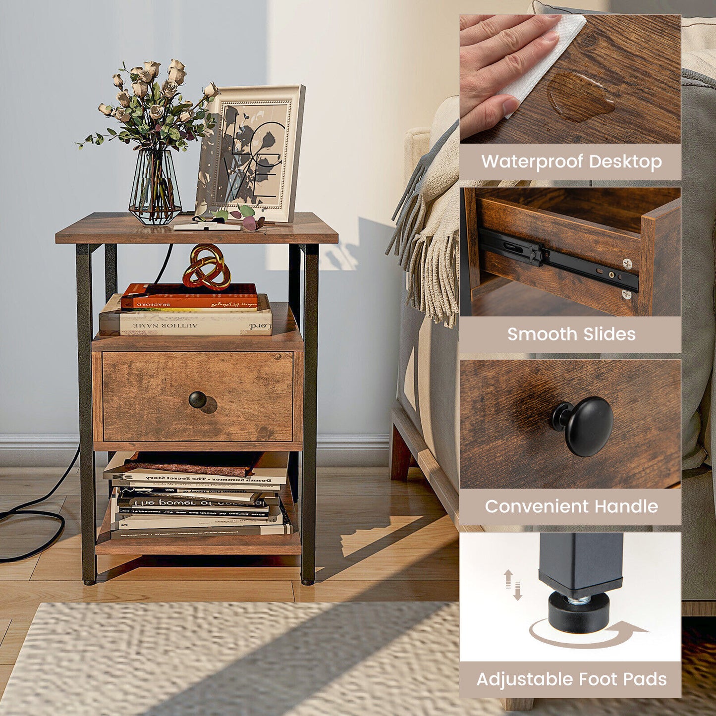 Set of 2 Modern 3-Tier Nightstands with Drawer and Built-in Charging Station