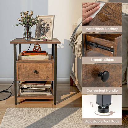 Set of 2 Modern 3-Tier Nightstands with Drawer and Built-in Charging Station