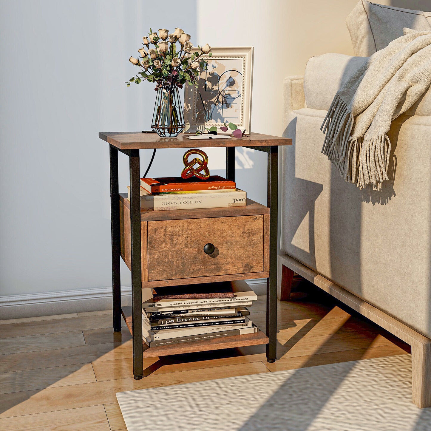 Modern 3-Tier Nightstands with Drawer and Built-in Charging Station