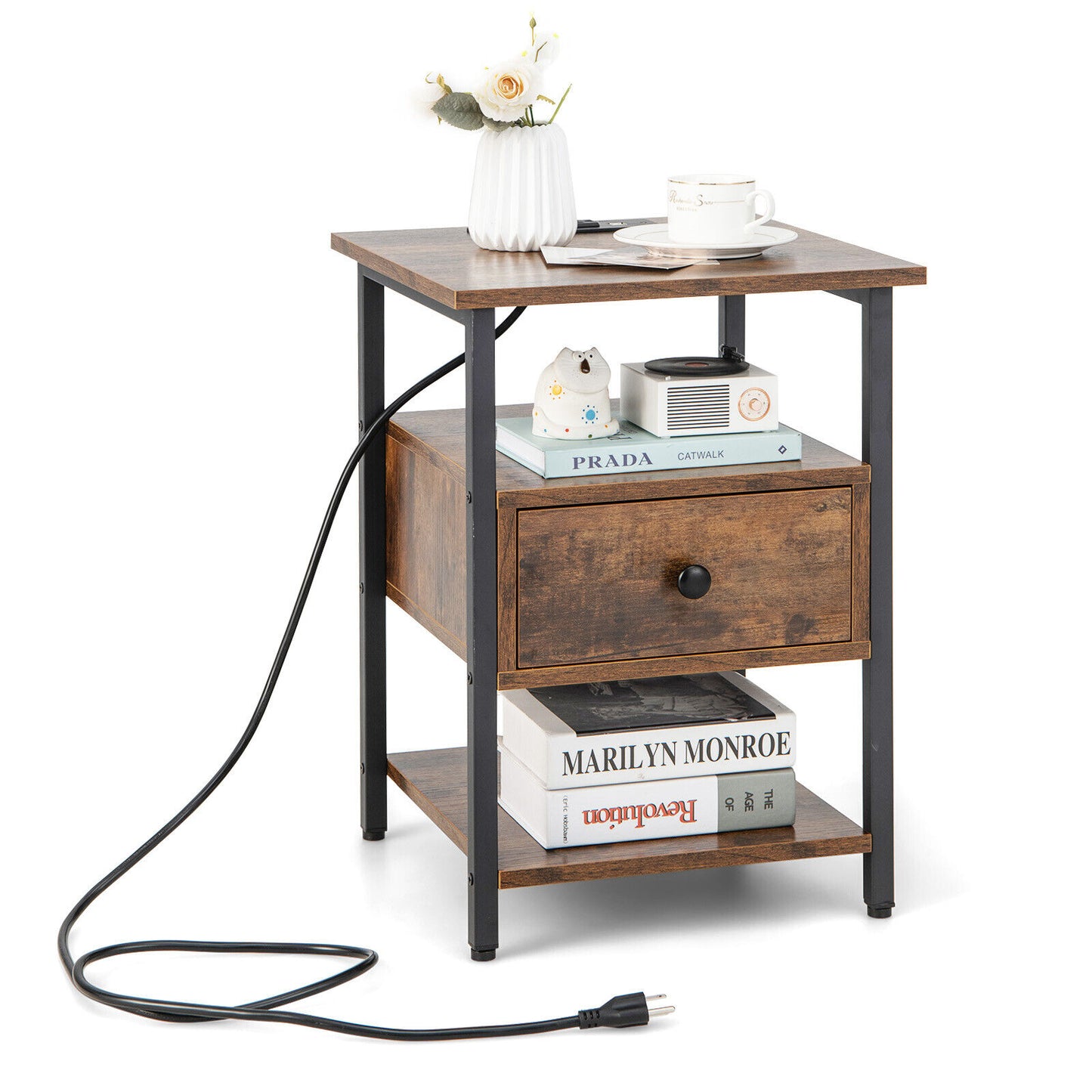 Modern 3-Tier Nightstands with Drawer and Built-in Charging Station