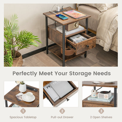 Modern 3-Tier Nightstands with Drawer and Built-in Charging Station