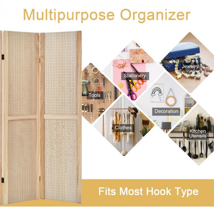4 Panel 5 Foot Folding Pegboard Display Room Divider - Natural