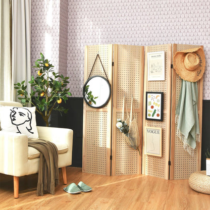 4 Panel 5 Foot Folding Pegboard Display Room Divider - Natural