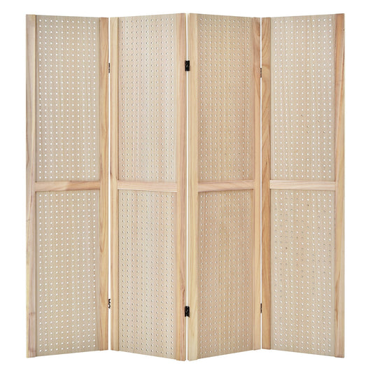4 Panel 5 Foot Folding Pegboard Display Room Divider - Natural