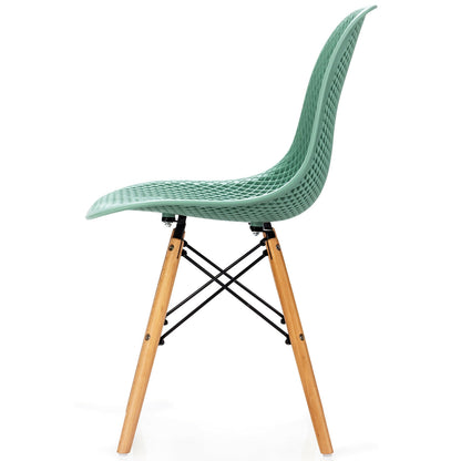 Set of 4 Modern Plastic Hollow Dining Chairs with Wooden Legs for Home and Office - Green