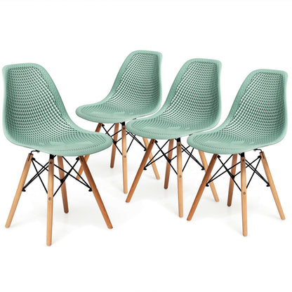 Set of 4 Modern Plastic Hollow Dining Chairs with Wooden Legs for Home and Office - Green
