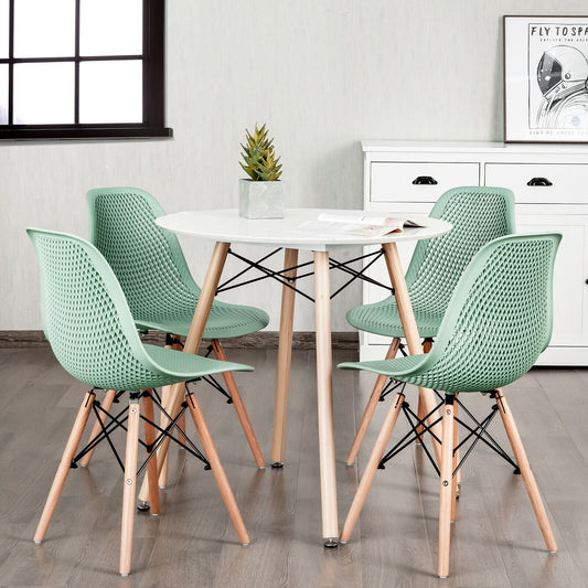 Set of 4 Modern Plastic Hollow Dining Chairs with Wooden Legs for Home and Office - Green