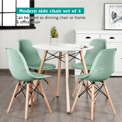Set of 4 Modern Plastic Hollow Dining Chairs with Wooden Legs for Home and Office - Green