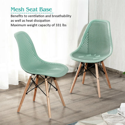 Set of 4 Modern Plastic Hollow Dining Chairs with Wooden Legs for Home and Office - Green