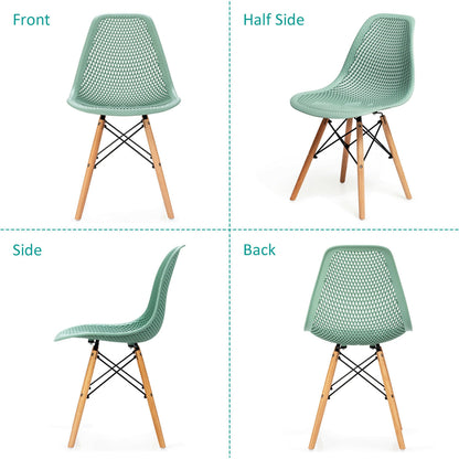 Set of 4 Modern Plastic Hollow Dining Chairs with Wooden Legs for Home and Office - Green