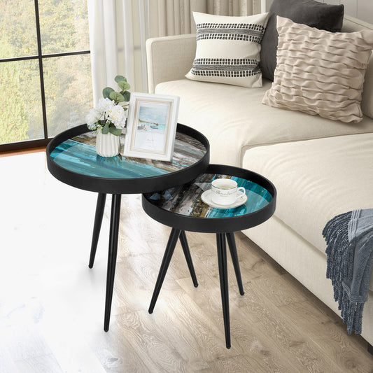 2 Piece Nesting End Table Set with Raised Tray Tops and Metal Legs for Living Room