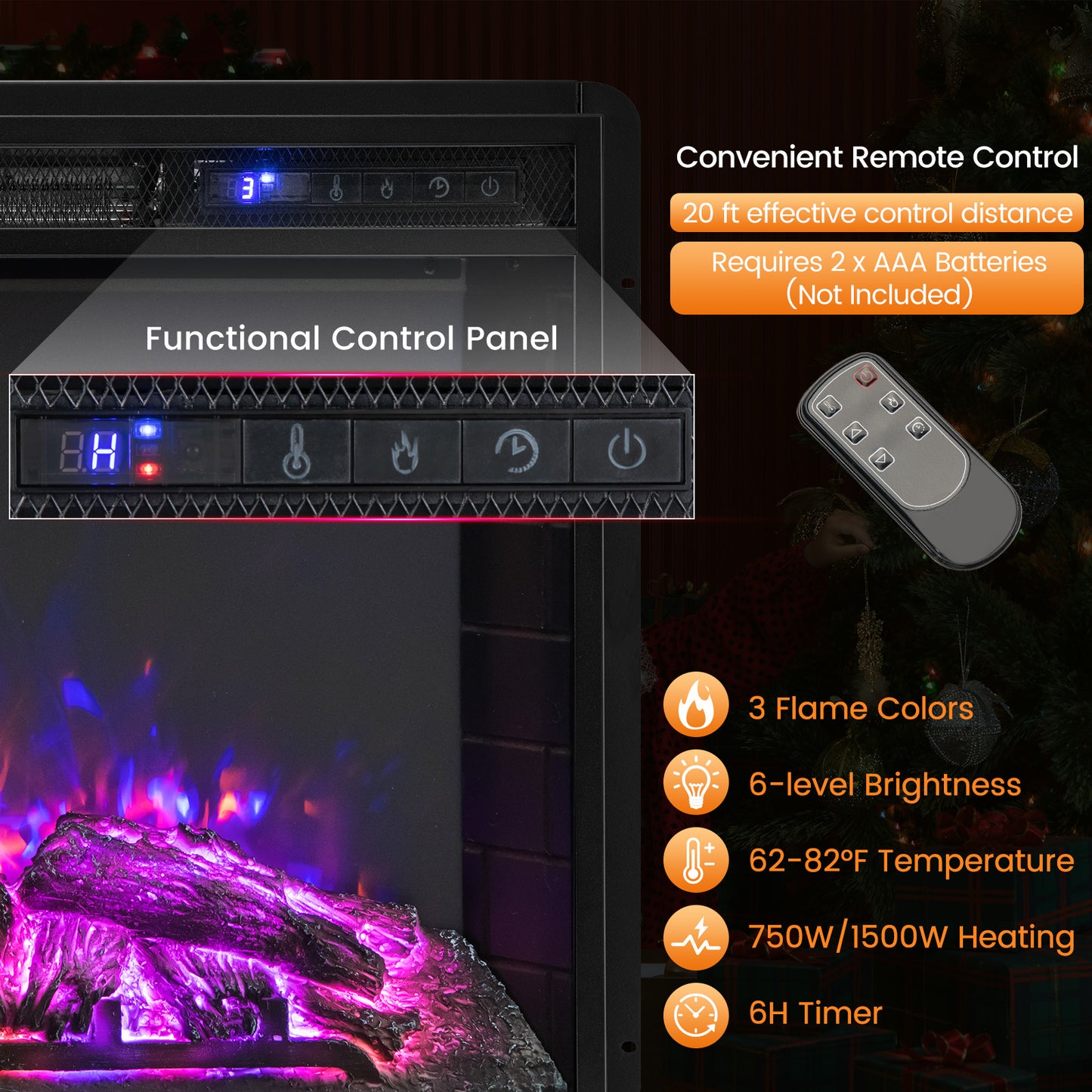 26 Inch Recessed Electric Fireplace with Customizable Flame Brightness
