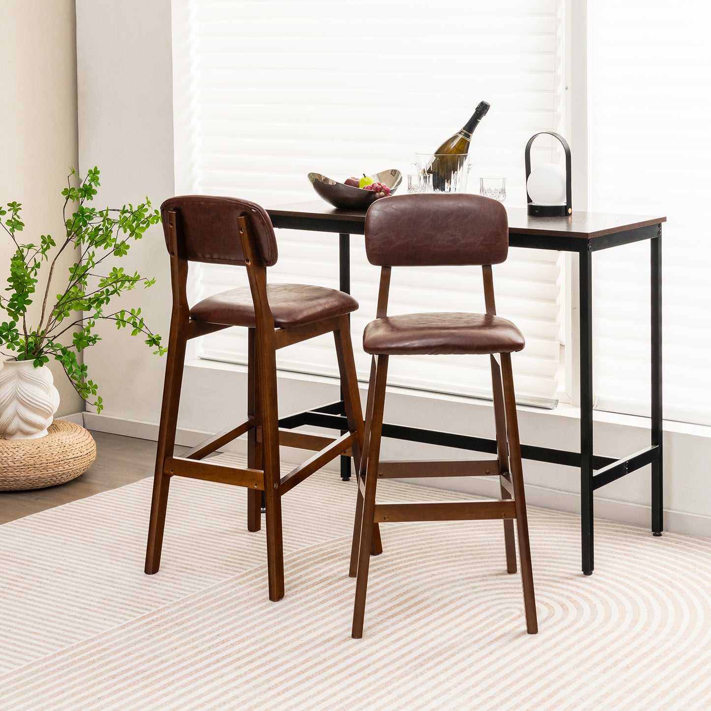 Set of 2 Counter Height PU Leather Bar Stools with Solid Wood Legs, 29 Inch