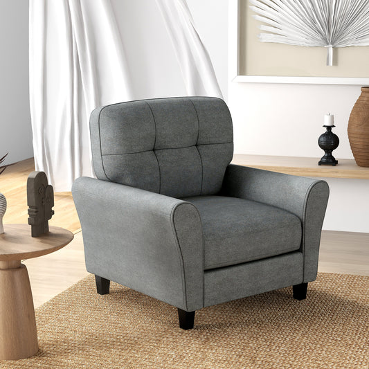 Comfortable Linen Upholstered Armchair with Rubber Wood Legs, Grey