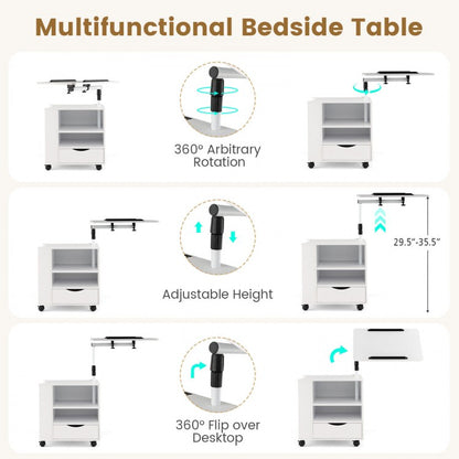 Modern Nightstand with 360 Swivel Tray, USB and Type-C Charging, and Motion Sensor LED Lights