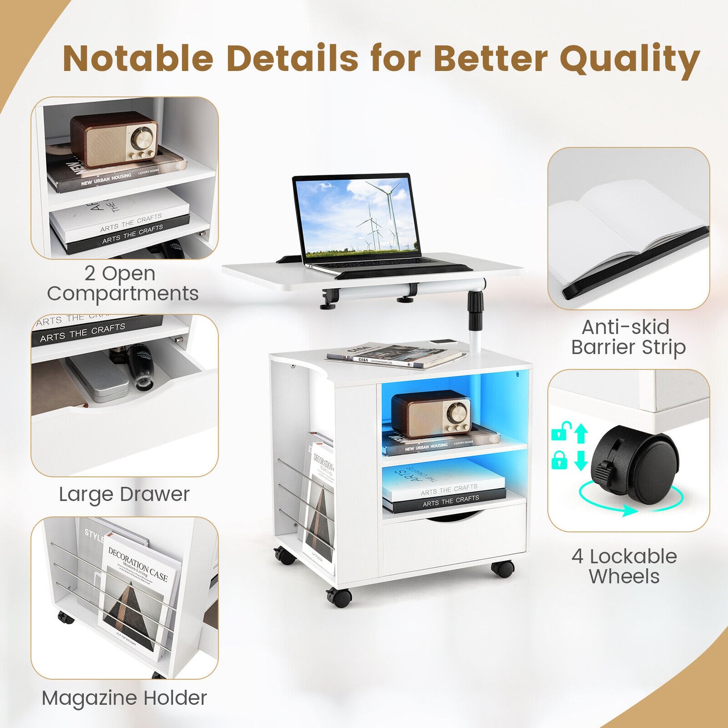 Modern Nightstand with 360 Swivel Tray, USB and Type-C Charging, and Motion Sensor LED Lights