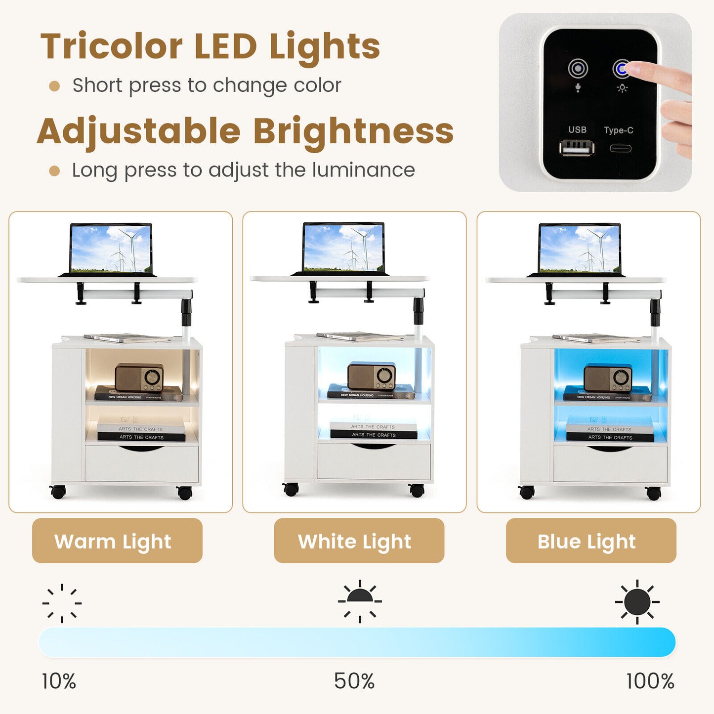 Modern Nightstand with 360 Swivel Tray, USB and Type-C Charging, and Motion Sensor LED Lights