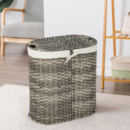 Handwoven Rattan Laundry Hamper with Removable Liner Bags & Dual Compartments