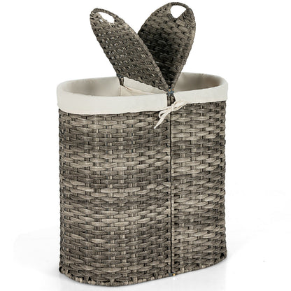Handwoven Rattan Laundry Hamper with Removable Liner Bags & Dual Compartments
