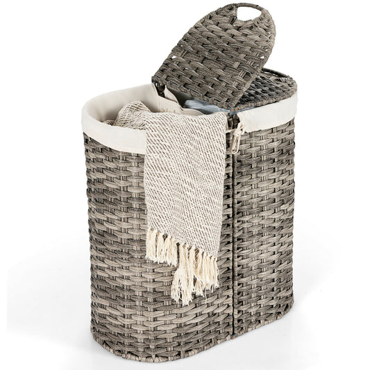 Handwoven Rattan Laundry Hamper with Removable Liner Bags & Dual Compartments