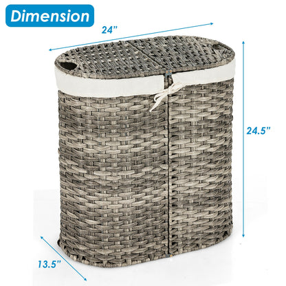 Handwoven Rattan Laundry Hamper with Removable Liner Bags & Dual Compartments