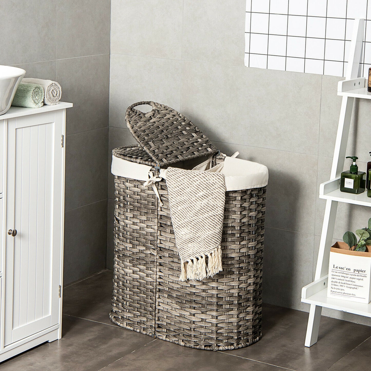 Handwoven Rattan Laundry Hamper with Removable Liner Bags & Dual Compartments
