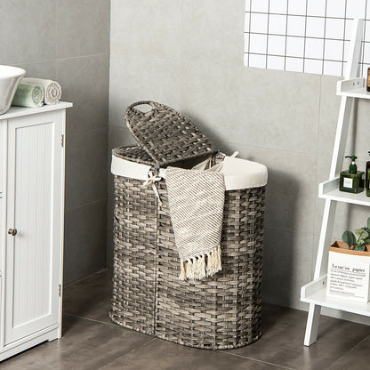 Handwoven Rattan Laundry Hamper with Removable Liner Bags & Dual Compartments