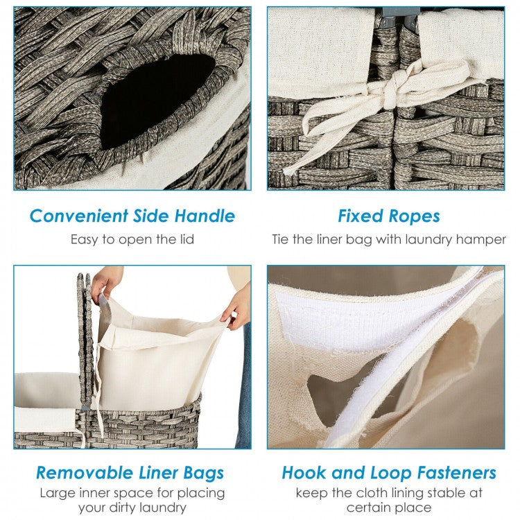 Handwoven Rattan Laundry Hamper with Removable Liner Bags & Dual Compartments