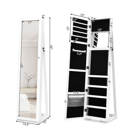 Tall Freestanding Mirror Jewelry Cabinet with Key Lock and Velvet Interior White