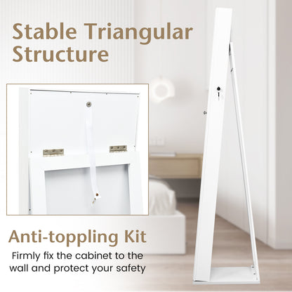 Tall Freestanding Mirror Jewelry Cabinet with Key Lock and Velvet Interior White