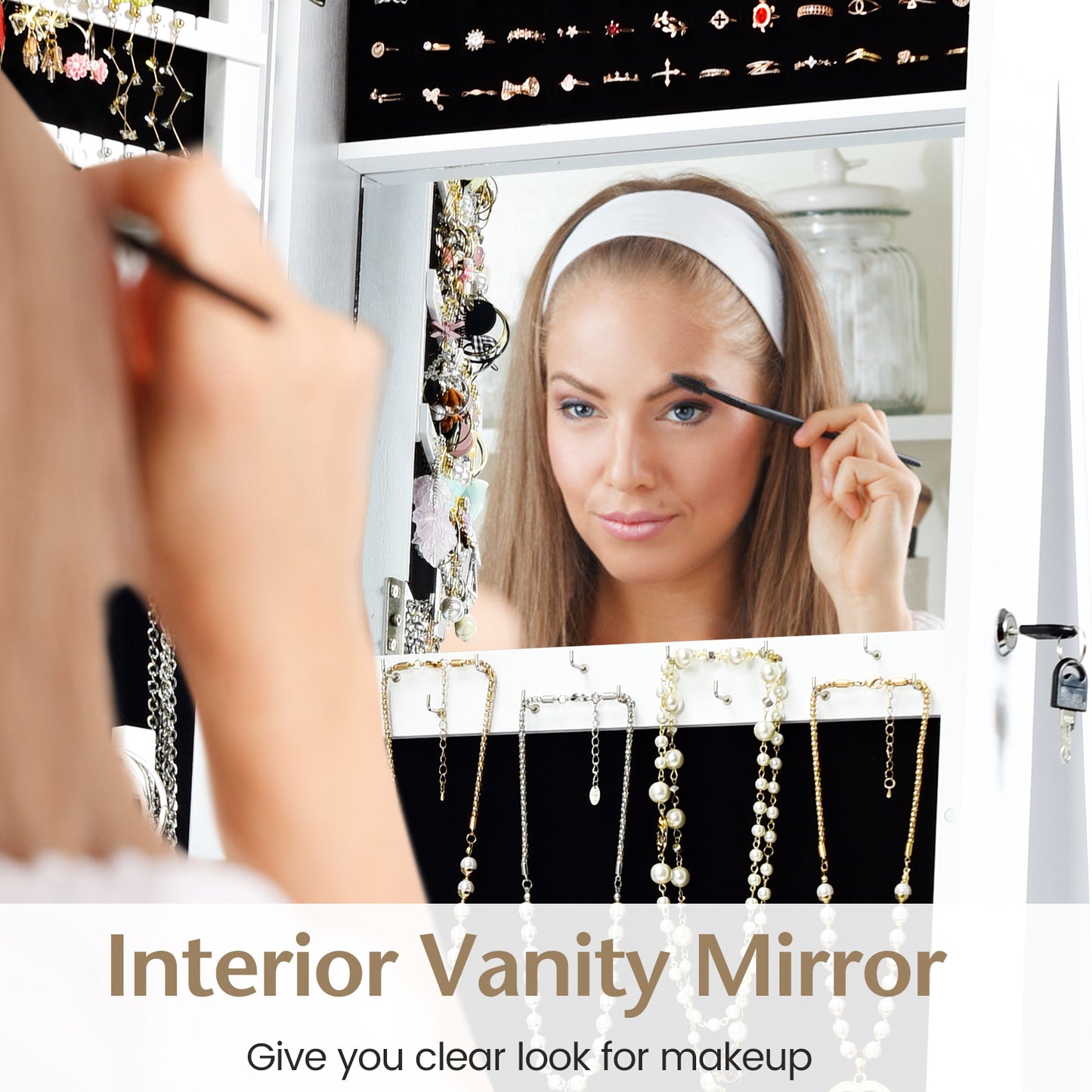 Tall Freestanding Mirror Jewelry Cabinet with Key Lock and Velvet Interior White