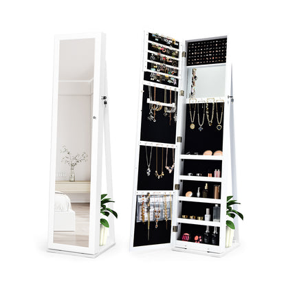 Tall Freestanding Mirror Jewelry Cabinet with Key Lock and Velvet Interior White