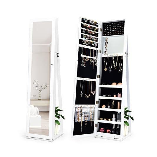 Tall Freestanding Mirror Jewelry Cabinet with Key Lock and Velvet Interior White