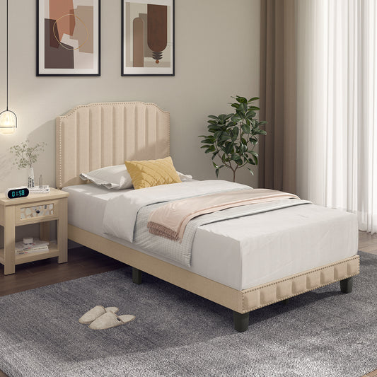Premium Upholstered Bed Frame with Rivet Headboard - Twin Size