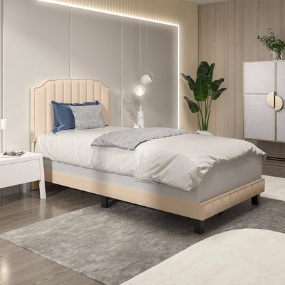 Premium Upholstered Bed Frame with Rivet Headboard - Twin Size