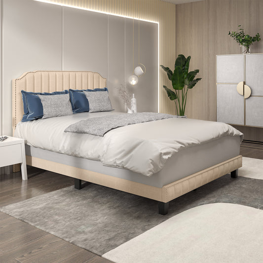 Premium Upholstered Bed Frame with Rivet Headboard - Full Size