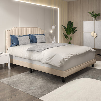 Premium Upholstered Bed Frame with Rivet Headboard - Queen Size
