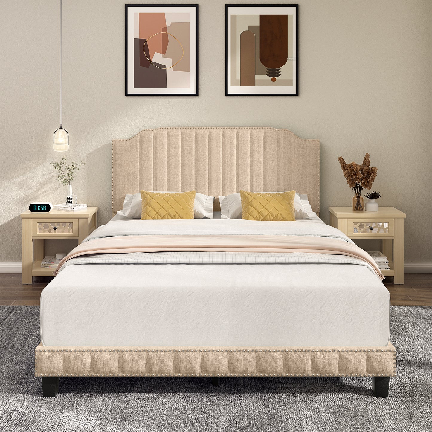 Premium Upholstered Bed Frame with Rivet Headboard - Queen Size