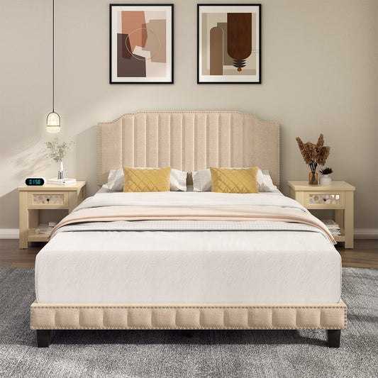 Premium Upholstered Bed Frame with Rivet Headboard - Queen Size