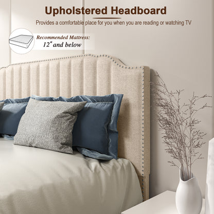 Premium Upholstered Bed Frame with Rivet Headboard - Queen Size