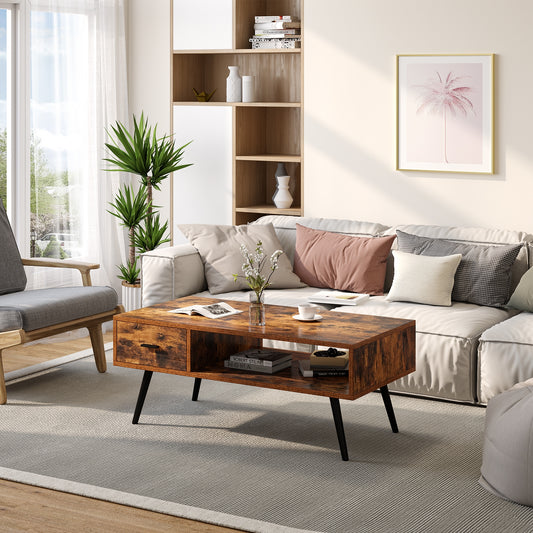 Mid-Century Modern Rectangular Coffee Table with Storage Drawer and Open Shelf