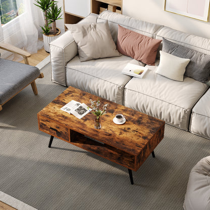 Mid-Century Modern Rectangular Coffee Table with Storage Drawer and Open Shelf