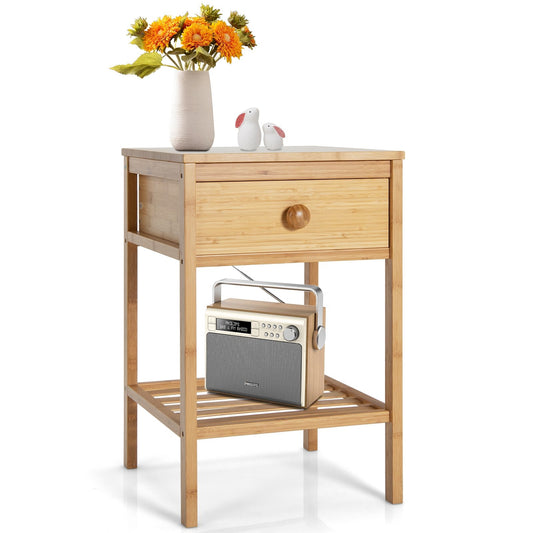 Natural Bamboo Nightstand with Drawer and Open Storage Shelf for Bedroom or Living Room