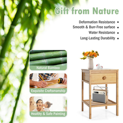 Natural Bamboo Nightstand with Drawer and Open Storage Shelf for Bedroom or Living Room