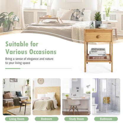 Natural Bamboo Nightstand with Drawer and Open Storage Shelf for Bedroom or Living Room
