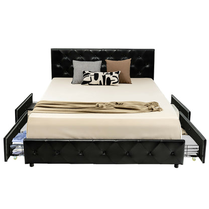 Luxury PU Leather Upholstered Platform Bed with 4 Storage Drawers - Queen Size