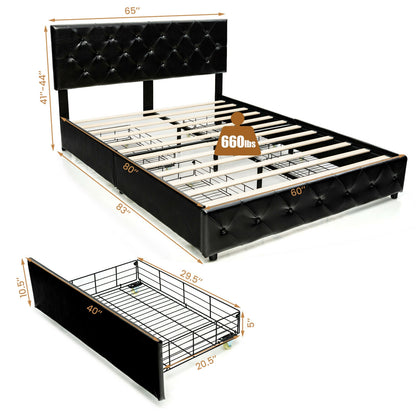 Luxury PU Leather Upholstered Platform Bed with 4 Storage Drawers - Queen Size