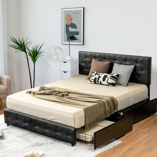 Luxury PU Leather Upholstered Platform Bed with 4 Storage Drawers - Queen Size